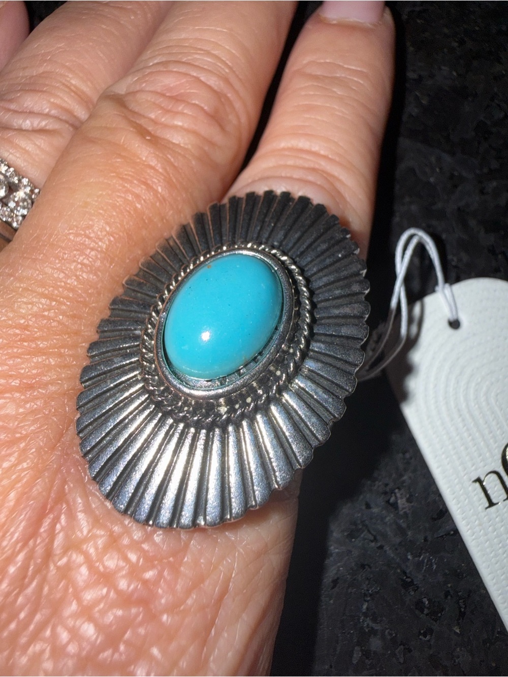 NEW nOir Jewelry AMERICAN WEST SUNBURST CONCHO Silver Turquoise Oval Ring OSFM